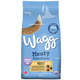 Blue Wagg dog food bag with a wagging tail illustration, "Meaty Goodness" and "Chicken Dinner" text.