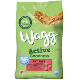 Green Wagg Active Goodness dog food bag, beef & veg, 12kg, with dog tail illustration.
