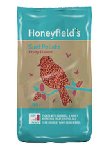 Honeyfield's Fruity Flavour Suet Pellets 3kg bag, teal and brown, bird illustration, high energy.