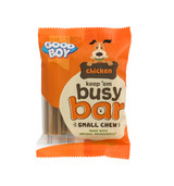 Orange dog treat bag with "Good Boy Busy Bar" text and a dog illustration.