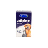 Box of Johnsons Veterinary anti-plaque powder, featuring a dog and cat, navy and white.