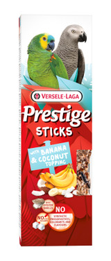 Versele-Laga parrot food box with two parrots, banana and coconut topping. Red, white, blue.