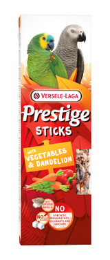 Versele-Laga Prestige Sticks parrot food packaging. Green and grey parrots, red and orange design.