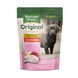 Dog food pouch, pink, white, green. Chicken and lamb ingredients. Puppy food.
