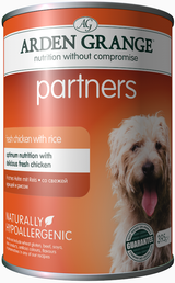 Arden Grange Partners dog food tin, orange, with a dog's face, "fresh chicken with rice" label.