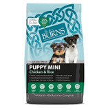 Burns Puppy Mini 2 kg dog food bag, chicken and rice, with puppies, blue and white.