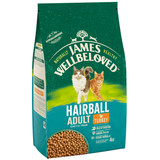 Green and white James Wellbeloved cat food bag, featuring two cats and the words "Hairball Adult Turkey".