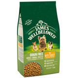 Green bag of James Wellbeloved dog food, with images of small dogs, turkey and vegetables, and kibble.