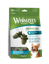 Green Whimzees dog treat bag, alligator shape, with a dog, white background.