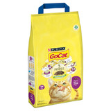 Yellow Go-Cat cat food bag with blue handle, featuring a cat and text.