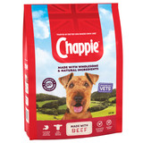 Red Chappie dog food bag, beef flavour, with a dog image, 15kg.