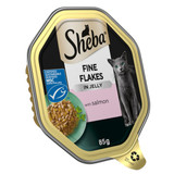 Sheba cat food tray, fine flakes with salmon, in jelly. Gold and black packaging, grey cat illustration.
