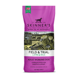 Pink dog food bag, Skinners Field & Trial, lamb & rice, illustration of dog, countryside scene.