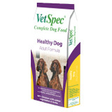 Bag of VetSpec Complete Adult Healthy dog food, featuring two brown dogs, white and purple packaging.
