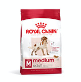 Royal Canin Medium Adult dog food bag. Red and white packaging, dog illustration, kibble detail.