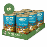 Six Lily's Kitchen Fish & Chips dog food tins in a green tray. Blue and gold tins with dog illustration.