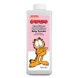 Garfield baby powder cat litter deodorizer, white bottle, pink label, Garfield illustration.