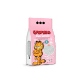 Pink Garfield cat litter bag, cartoon cat illustration, white granules visible.