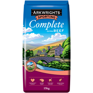 Dog food bag, blue, Arkwrights Sporting Complete Extra Beef, 15kg, countryside scene.