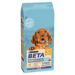 Light blue Beta Puppy food bag, dog image, chicken is #1 ingredient, made in the UK.