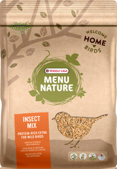 Brown bag of Versele Laga bird food, with insect mix, bird silhouette, and green and orange accents.