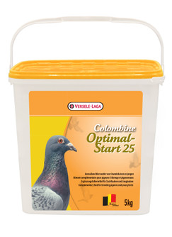 White bucket of Versele Laga pigeon feed, orange label, pigeon image, 5kg, Belgian product.