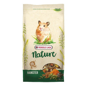 Hamster food bag, beige, green, hamster illustration, "Nature" text, Versele Laga brand, visible ingredients.