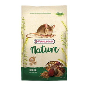 Bag of Versele Laga Nature Mouse food, beige and green, with a mouse illustration and product ingredients.