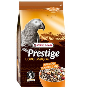 Bag of Versele-Laga parrot food, featuring a grey parrot, seeds, and the brand logo.