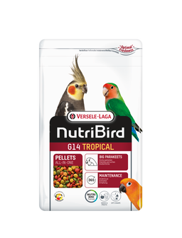 Bag of Versele-Laga NutriBird G14 Tropical bird food. White bag with colourful pellets, bird illustrations.