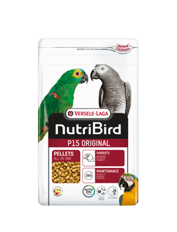 White bag of Versele-Laga NutriBird P15 Original parrot food with parrot illustrations.