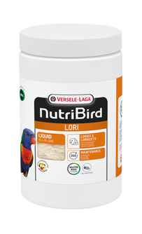 White cylindrical tub of Versele-Laga NutriBird Lori bird food, with a colourful parrot illustration.