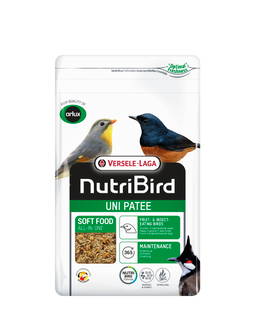 Versele-Laga NutriBird Uni Patee bird food packaging. White bag with bird illustrations and green accents.