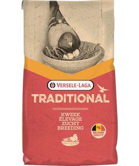 Red and orange bag of Versele-Laga Traditional pigeon feed, with a pigeon in a nest illustration.