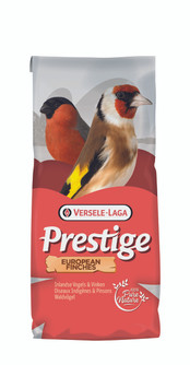Bird food bag, red and grey, with finches, "Prestige" text, "European Finches" label.