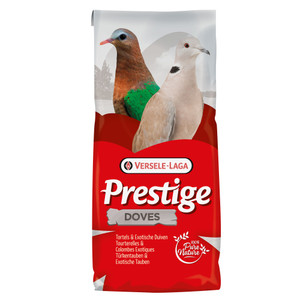 Red and white Versele-Laga Prestige dove food bag with dove illustrations.