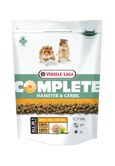 Versele Laga Complete Hamster & Gerbil food bag, white, with hamsters, pellets, and apple, peas, and chicken.