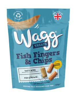 Blue Wagg Fish Fingers & Chips dog treat bag, with treats, dog tail, and UK flag.