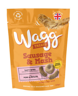 Orange Wagg Sausage & Mash dog treats bag, with text and dog tail illustration.