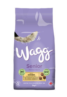 Purple Wagg Senior Chicken dog food bag, dog tail, kibble, "New!" label.