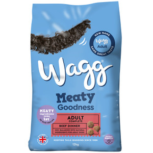 Blue dog food bag, Wagg Meaty Goodness, beef dinner, 12kg pack, dog illustration.