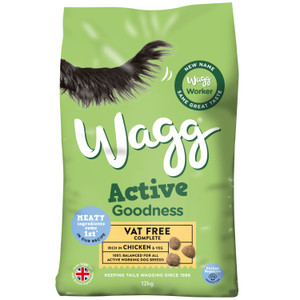 Green dog food bag, Wagg Active Goodness, chicken & veg, black dog tail, 12kg.