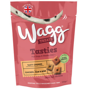 Pink Wagg Tasty Chunks dog treat bag, with dog tail graphic and Union Jack.