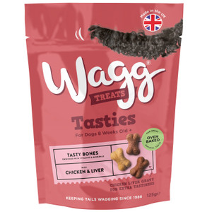 Red Wagg Tasties dog treat bag, bone-shaped treats, "Chicken & Liver" flavour, "Made in the UK".