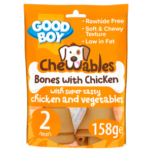 Orange bag of Good Boy Chewables dog treats, chicken and vegetables flavour. Two treats visible.