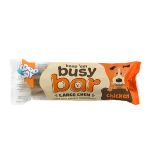 Good Boy Busy Bar dog chew, chicken flavour, orange packaging, cartoon dog illustration.