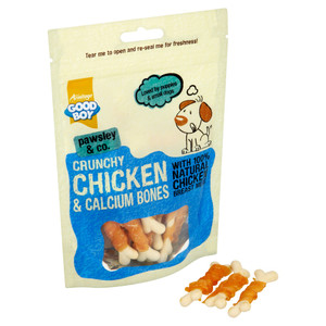 Dog treat bag, Good Boy Crunchy Chicken & Calcium Bones, with chicken bones.