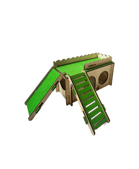 Wooden small animal castle with green ramps and roof. Plywood construction.