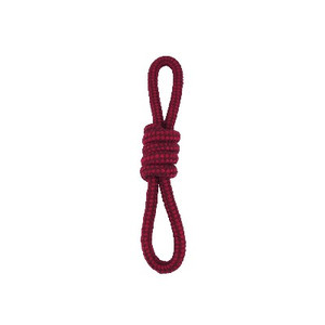 Burgundy double tug rope dog toy, close-up, braided rope, loop at each end, knotted centre.