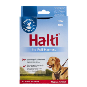 Halti No Pull Harness packaging, blue and red, with a dog wearing the harness.